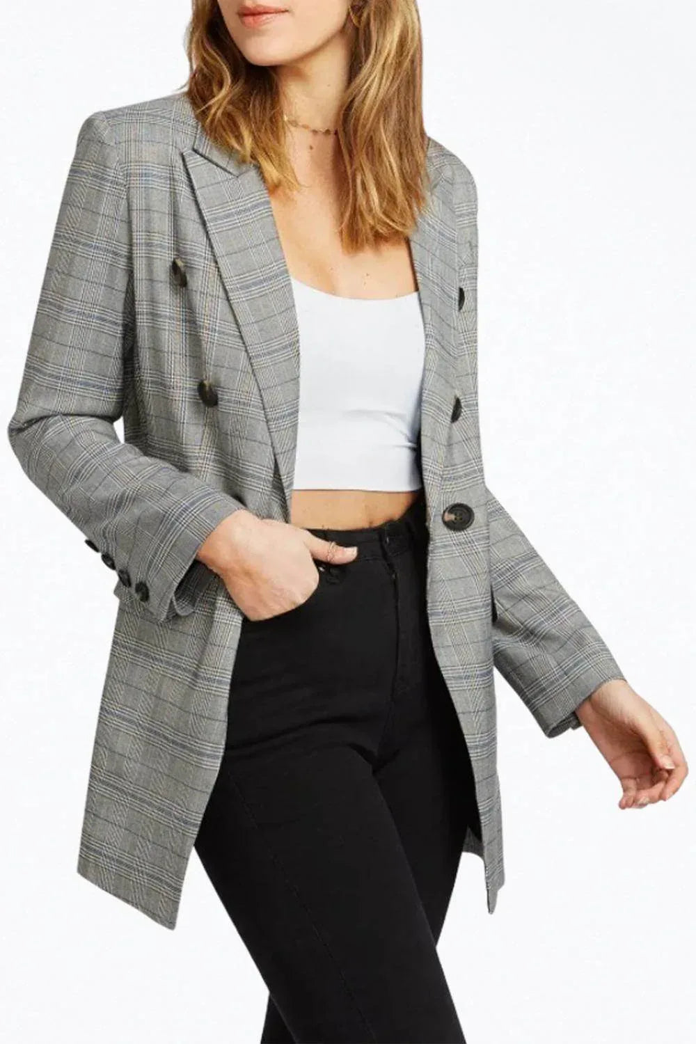 belle & bloom - DOUBLE-BREASTED PRINCE OF WALES CHECKED WOVEN BLAZER - Rack Hunt