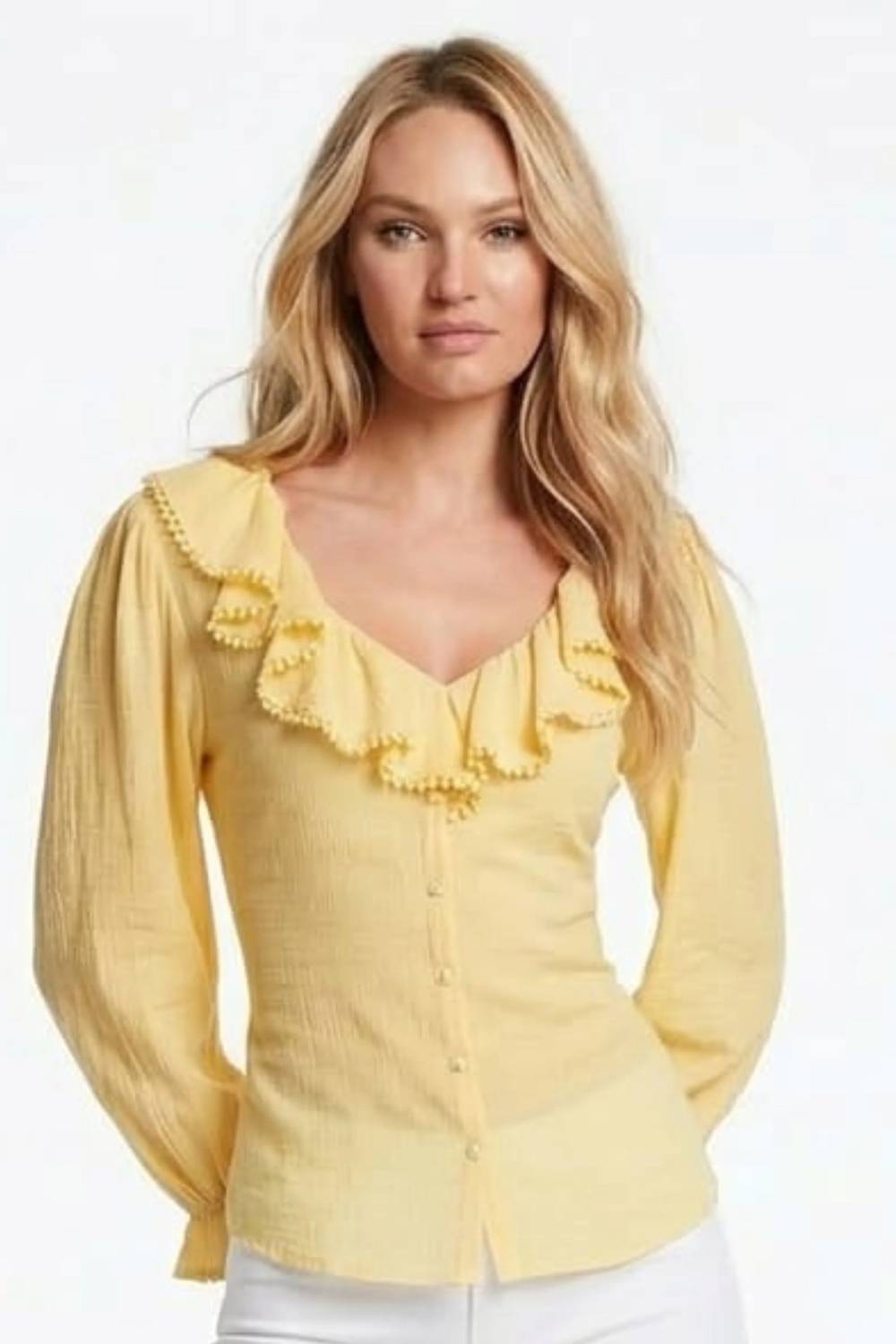 Pom-pom Trim Ruffle Blouse