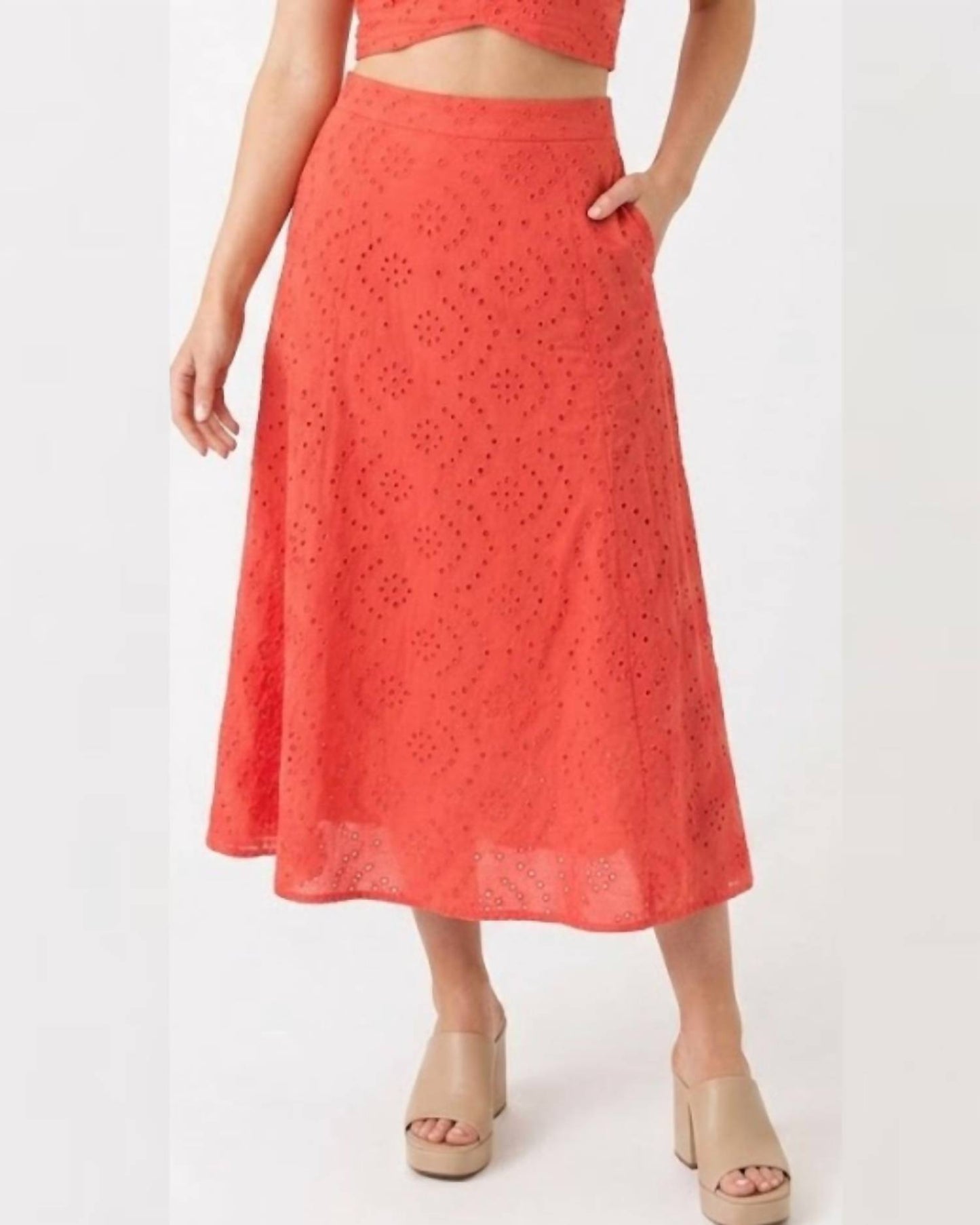 Eyelet Halter Top And Midi Skirt Set