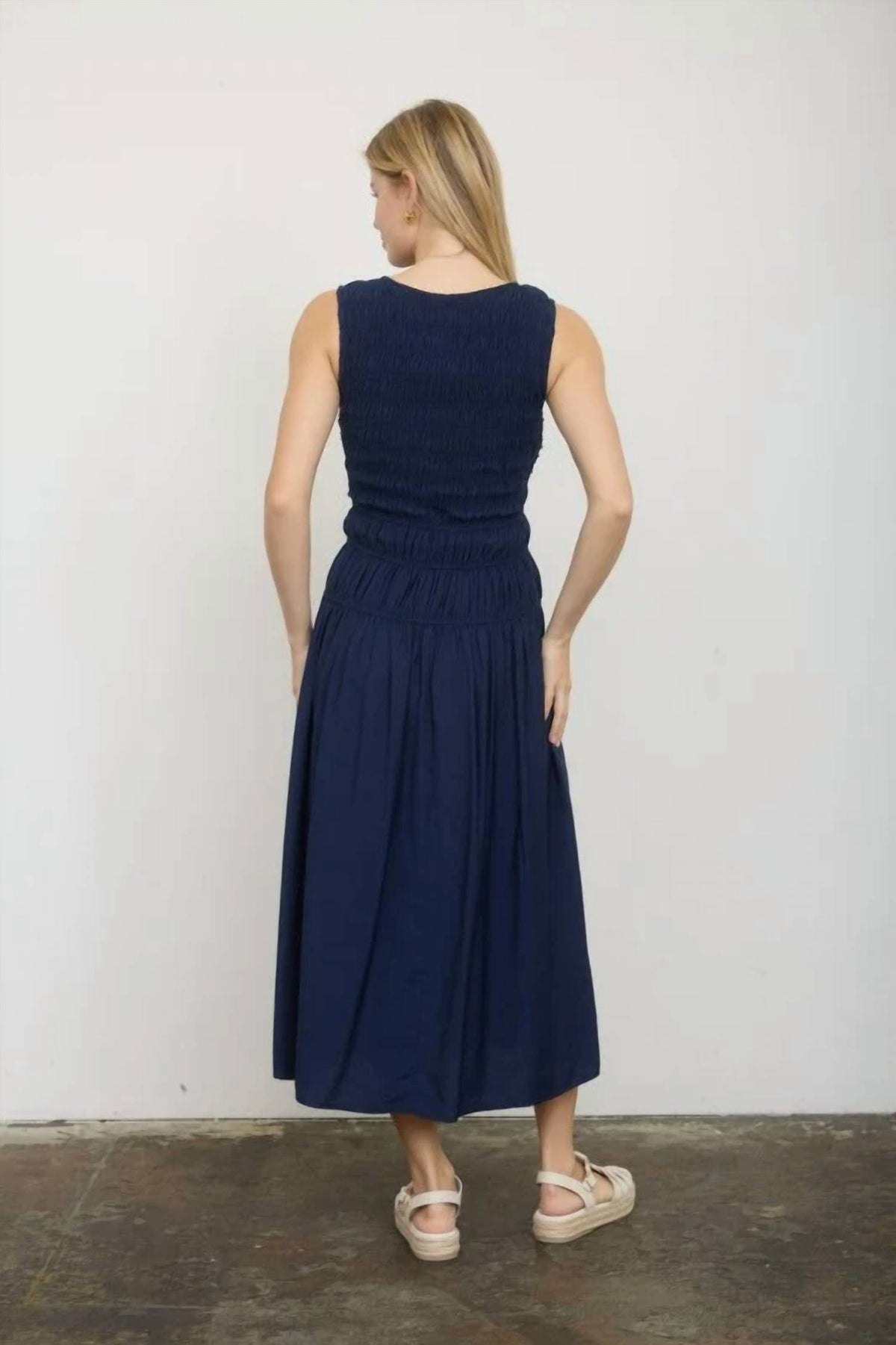 Front Tie Smocked Sleeveless Shirred Midi Dress