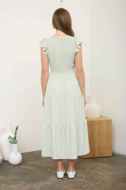 Flutter Sleeve V-neck Smocked Midi Dress
