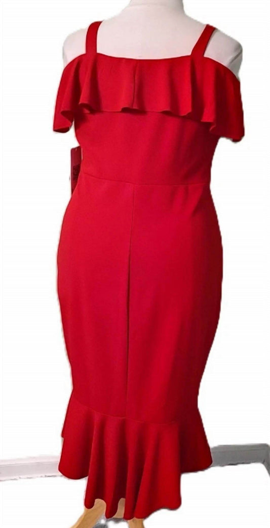 Emerald Sundae - Cold Shoulder Ruffle Bottom Cocktail Party Midi Dress - Rack Hunt -