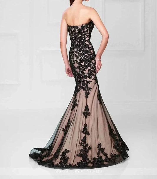 Social Occasions by Mon Cheri - Sequined Brocade Lace Nude Strapless Long Gown - Rack Hunt