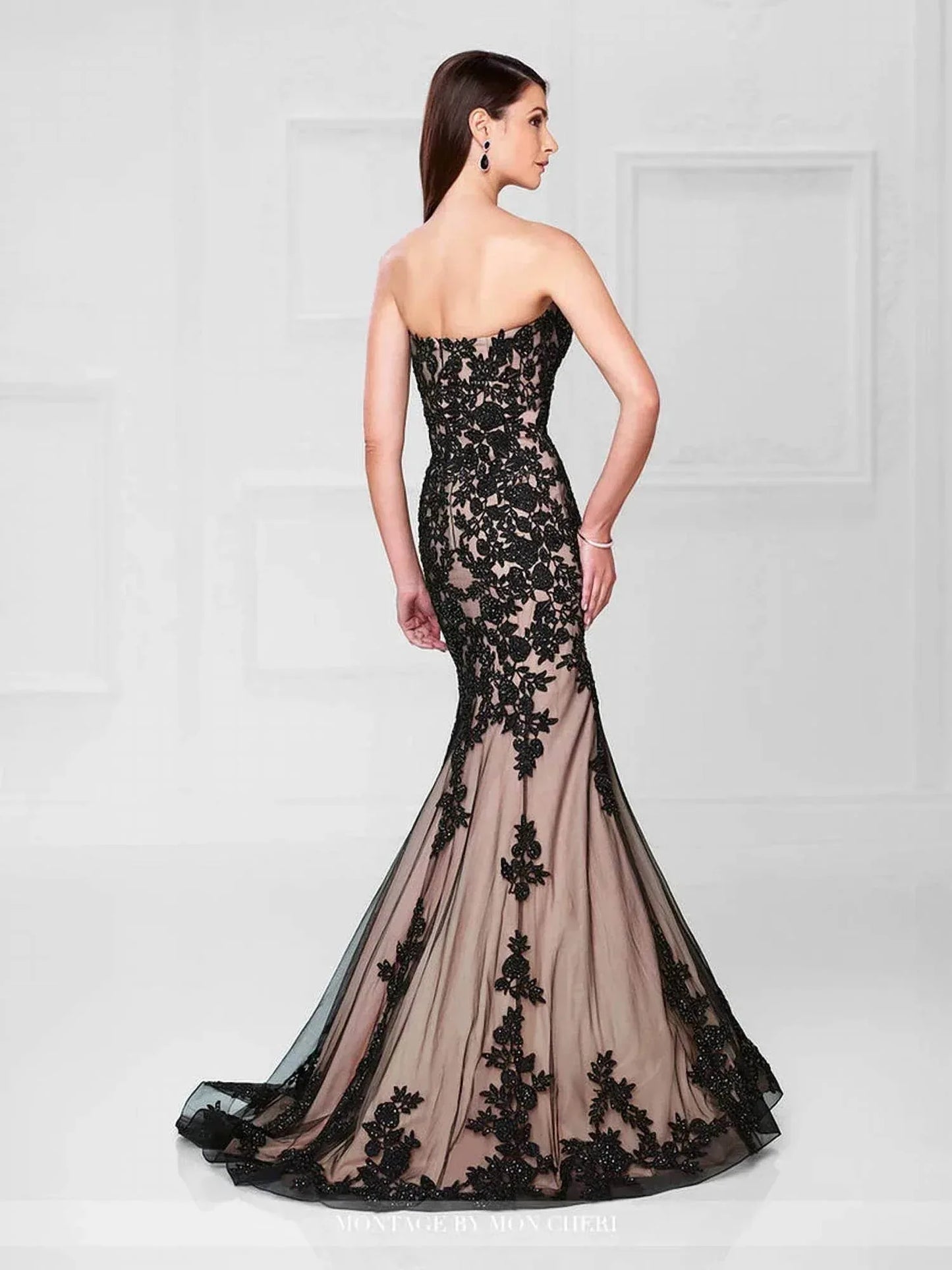 Social Occasions by Mon Cheri - Sequined Brocade Lace Nude Strapless Long Gown - Rack Hunt