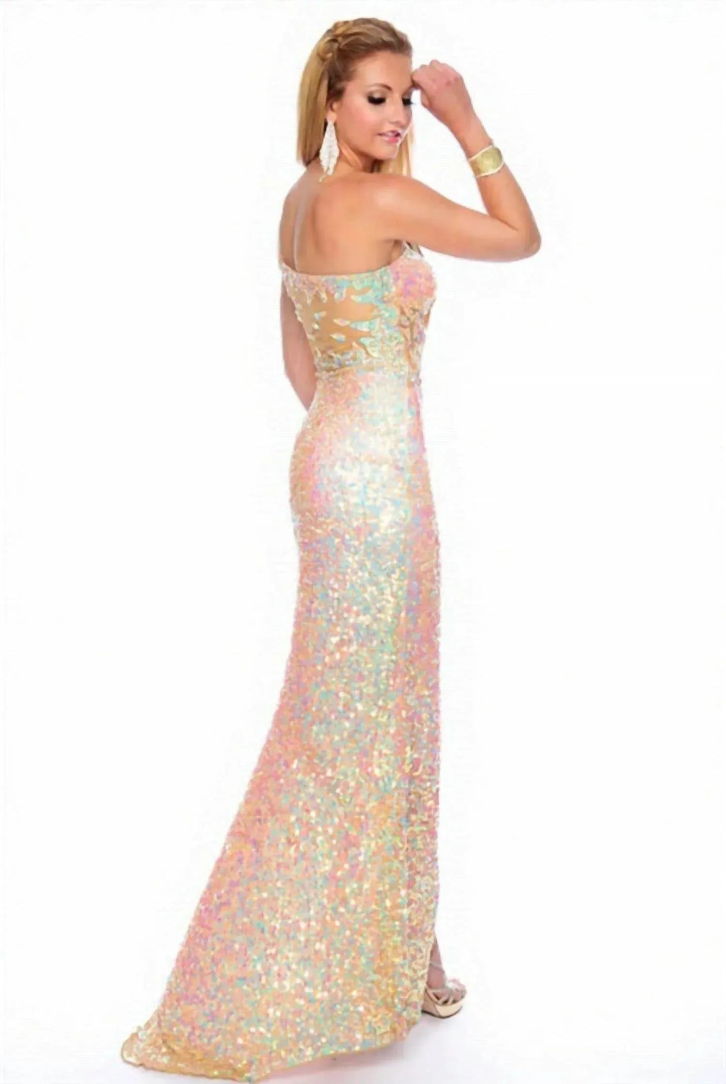 Precious Formals - Sheer-paneled Sequin One-shoulder Gown - Rack Hunt