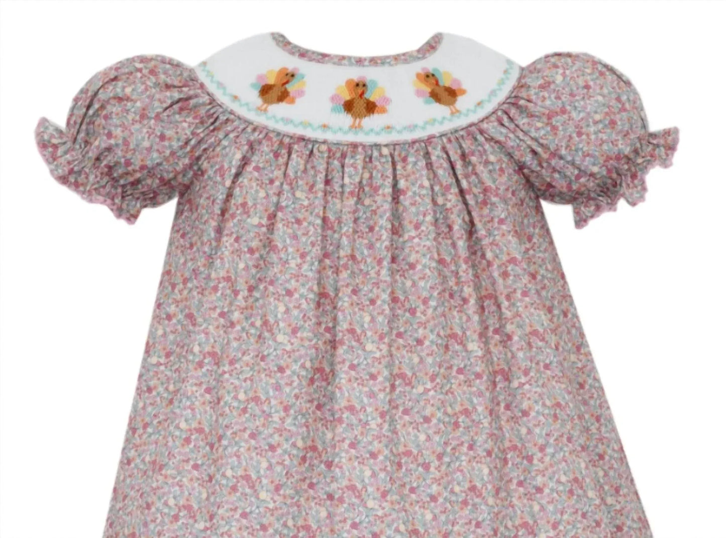 Anavini - Girl's Floral Turkey Girl Short Sleeve Smocked Bishop With Insert - Rack Hunt
