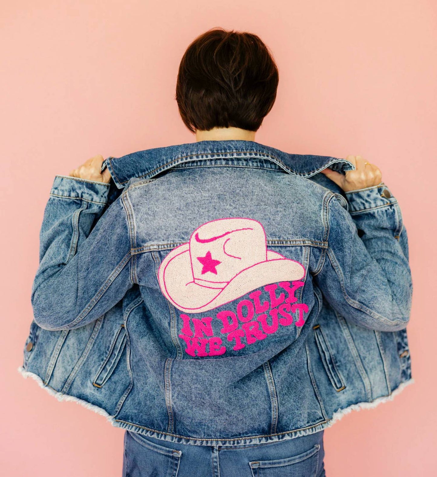 In Dolly We Trust Cropped Denim Jacket