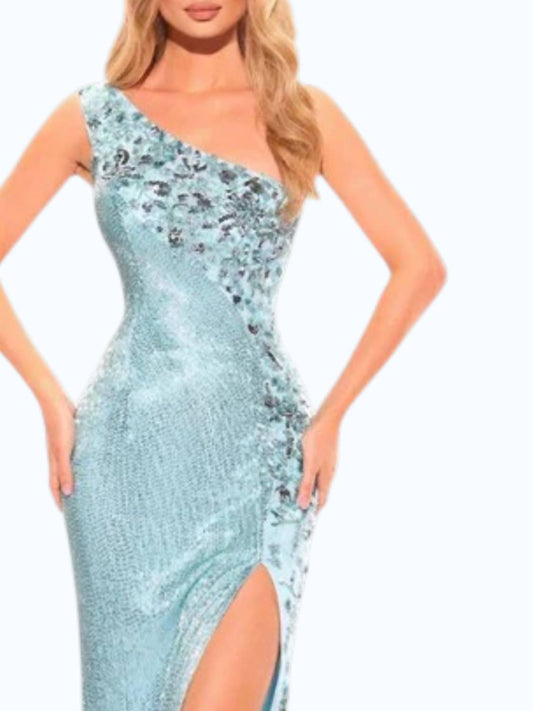 Fitted Beaded Sequin One Shoulder Slit Gown