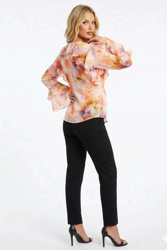 Vibrant Abstract Floral Ruffle Statement Blouse