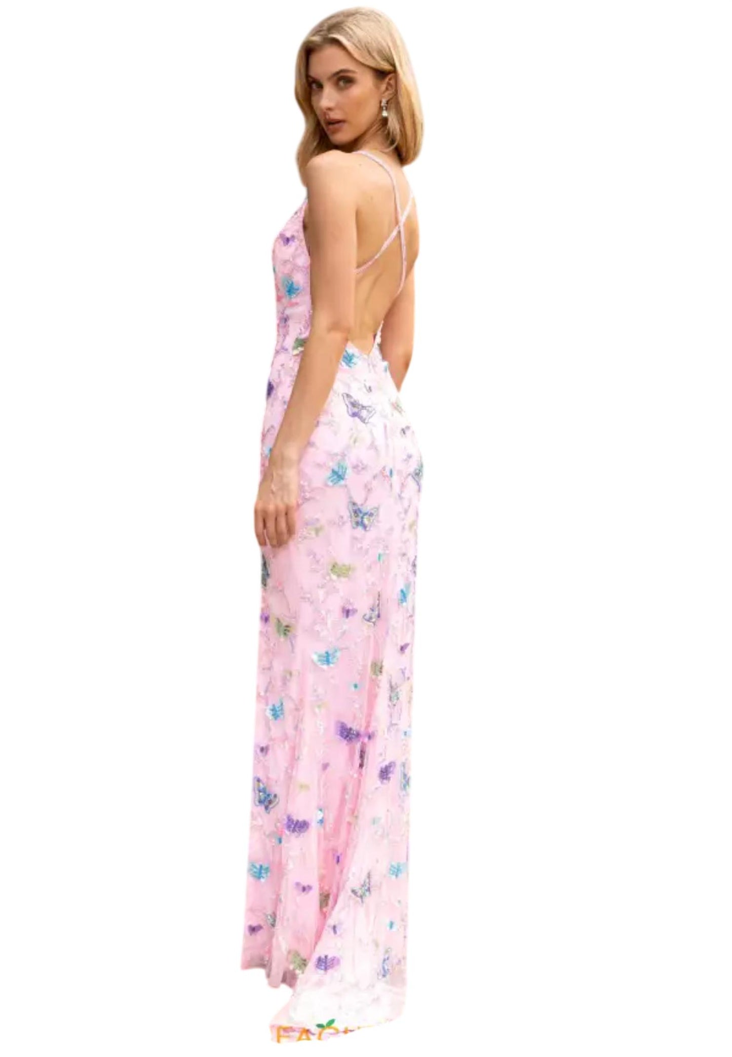 V-neck Beaded Butterfly Prom Gown