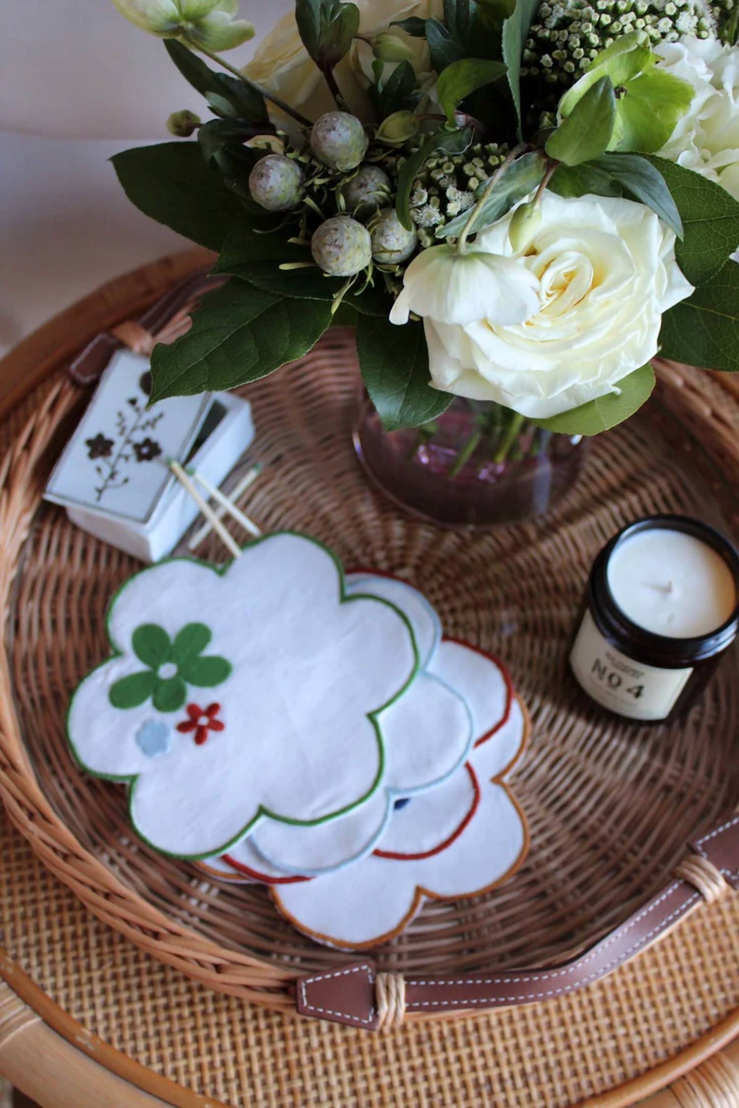 Floral Embroidered Linen Coasters - Set Of 4