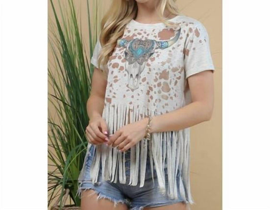 Western Longhorn Cow Print Fringe Top