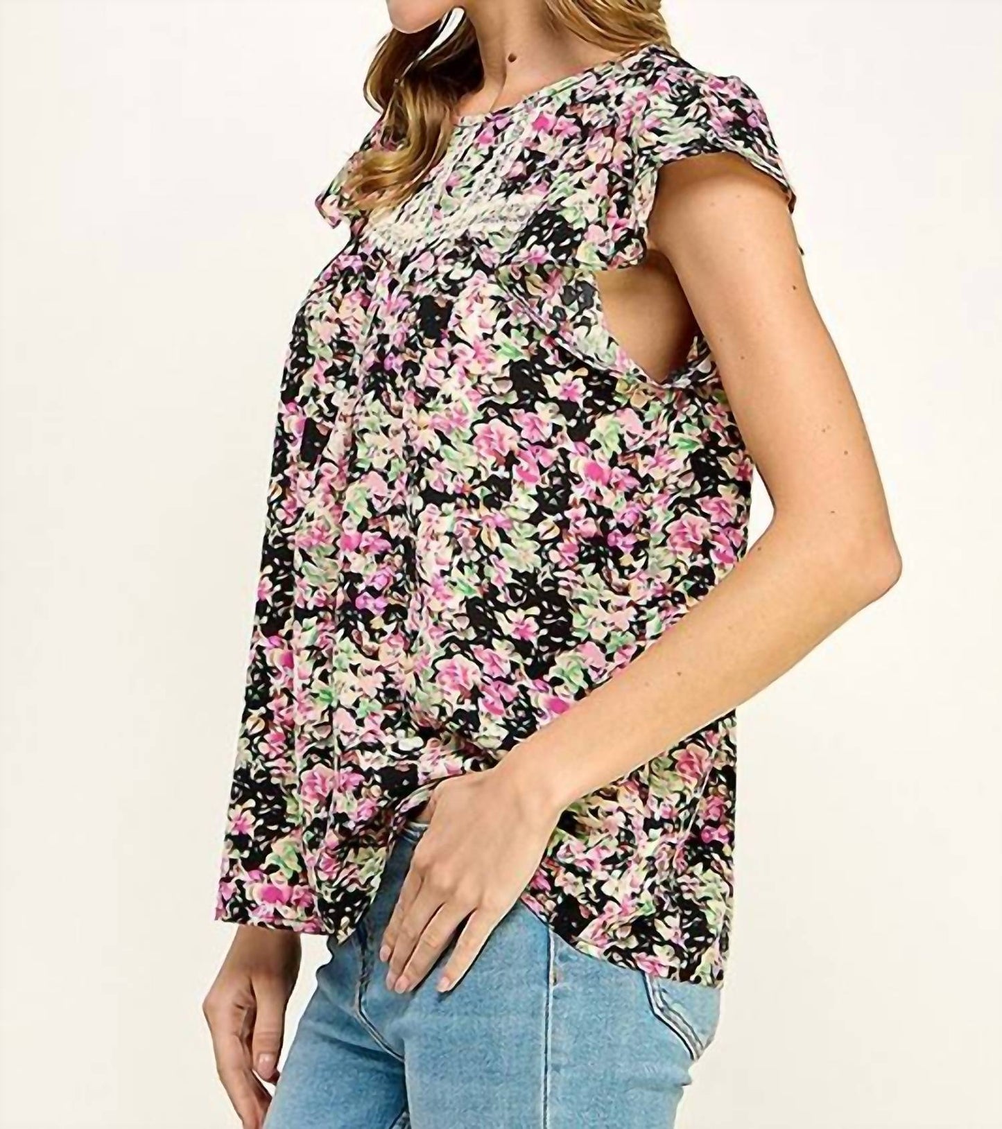 Floral Print Blouse with Crochet Trim