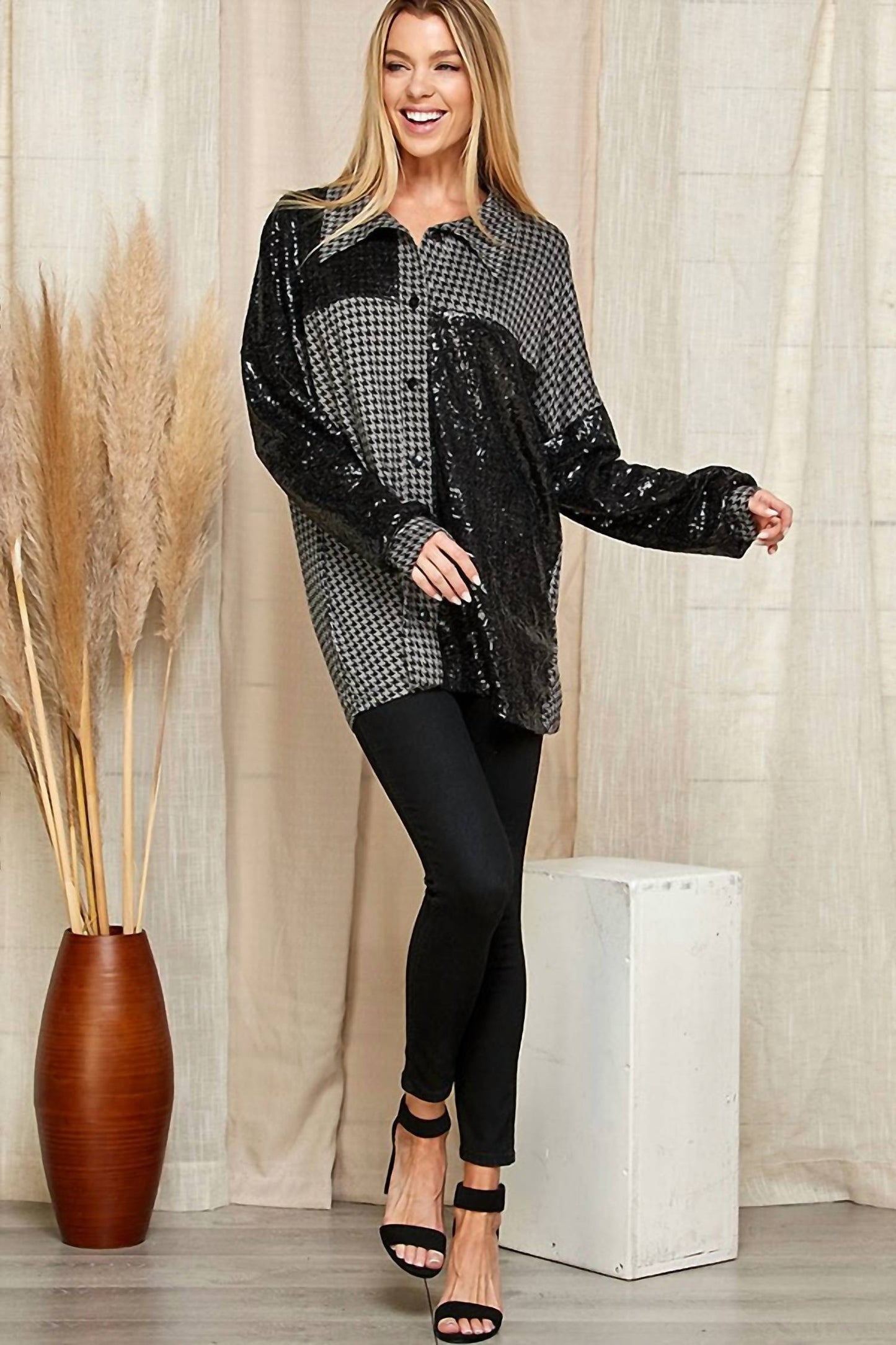 Upscale Houndstooth Sequin Top