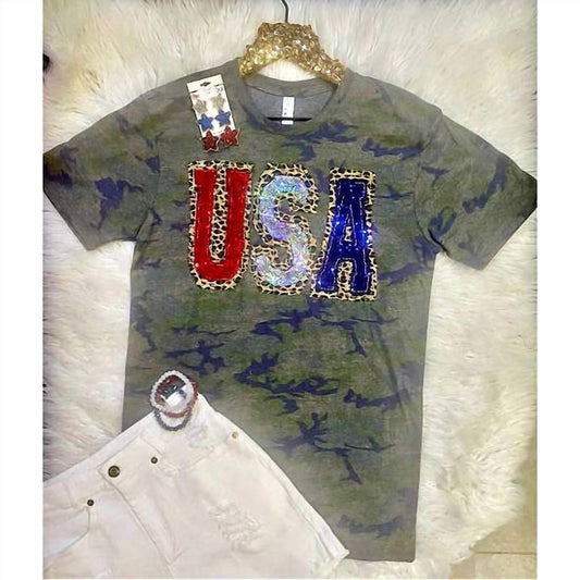 USA Leopard Sequin Camo Graphic Tee