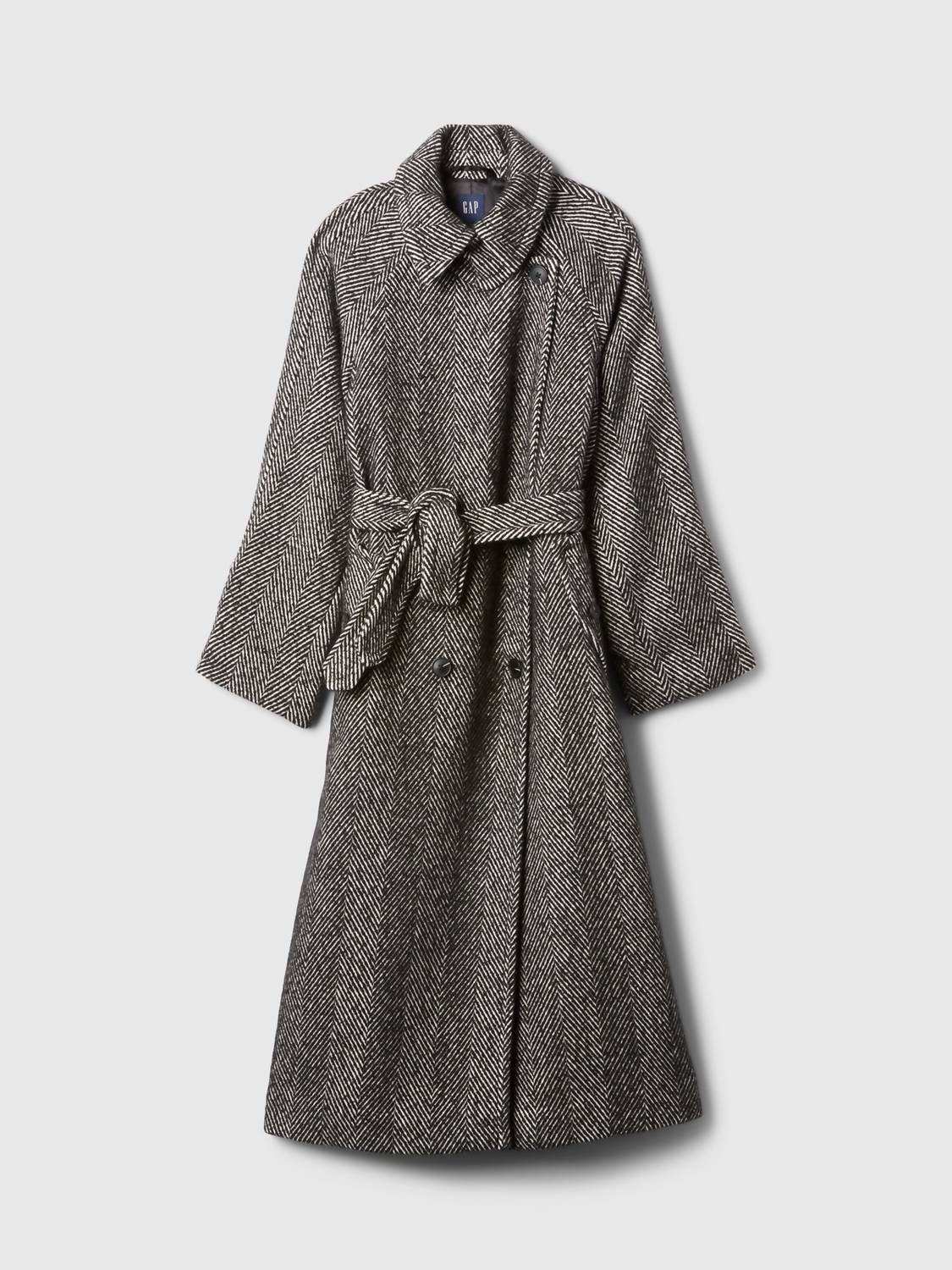 Double-breasted Herringbone Belted Trench Coat