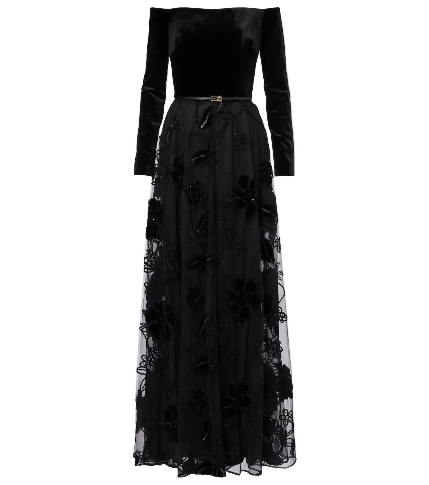 Elie Saab - Velvet Tulle Embroidered Long Dress - Rack Hunt