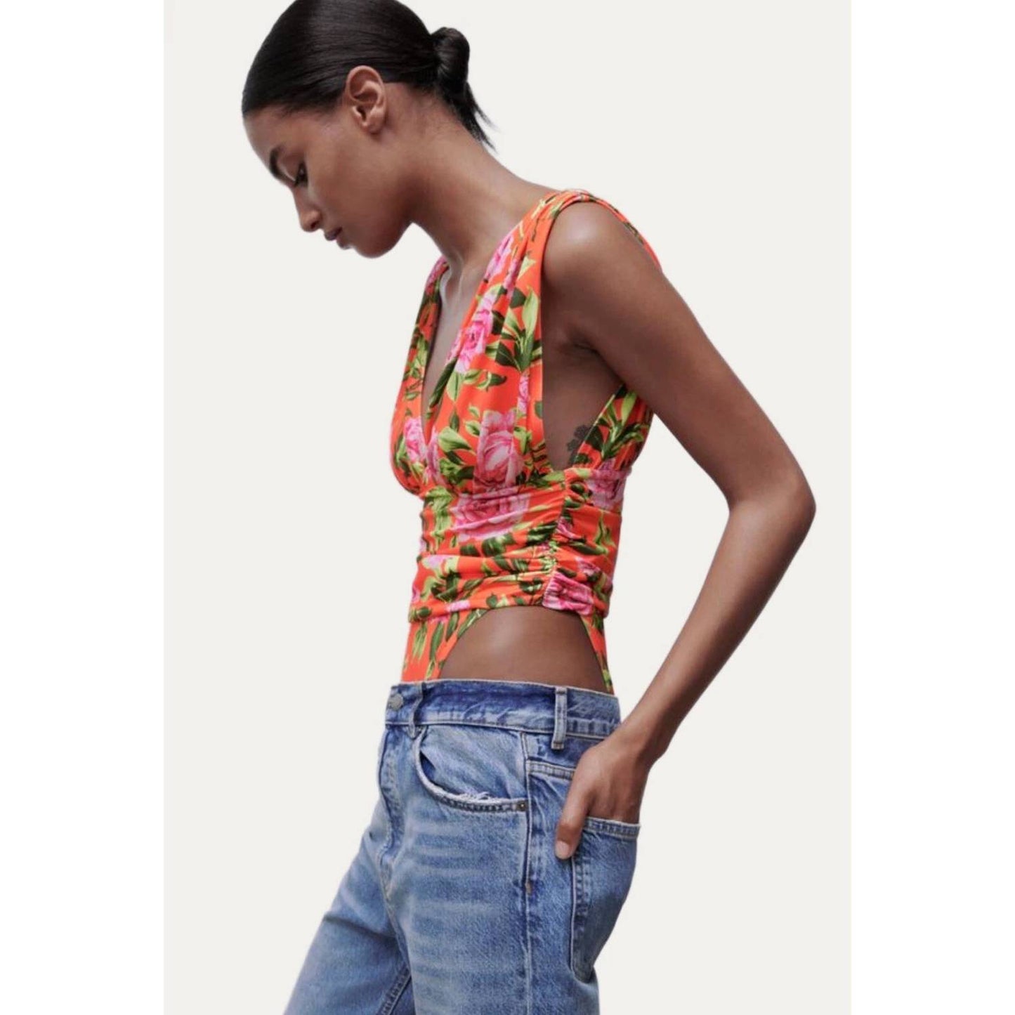 Draped Tropical Floral V Neck Bodysuit