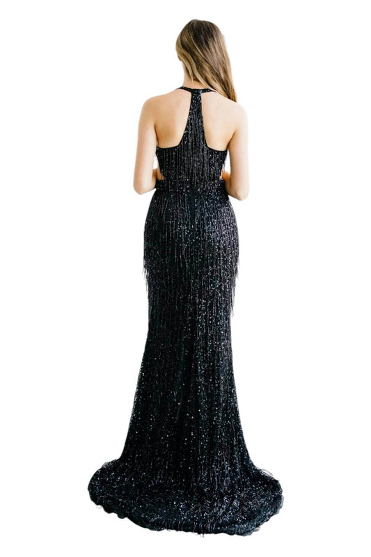 Aleta - Deep V-neck Side Cut-out Prom Dress - Rack Hunt -