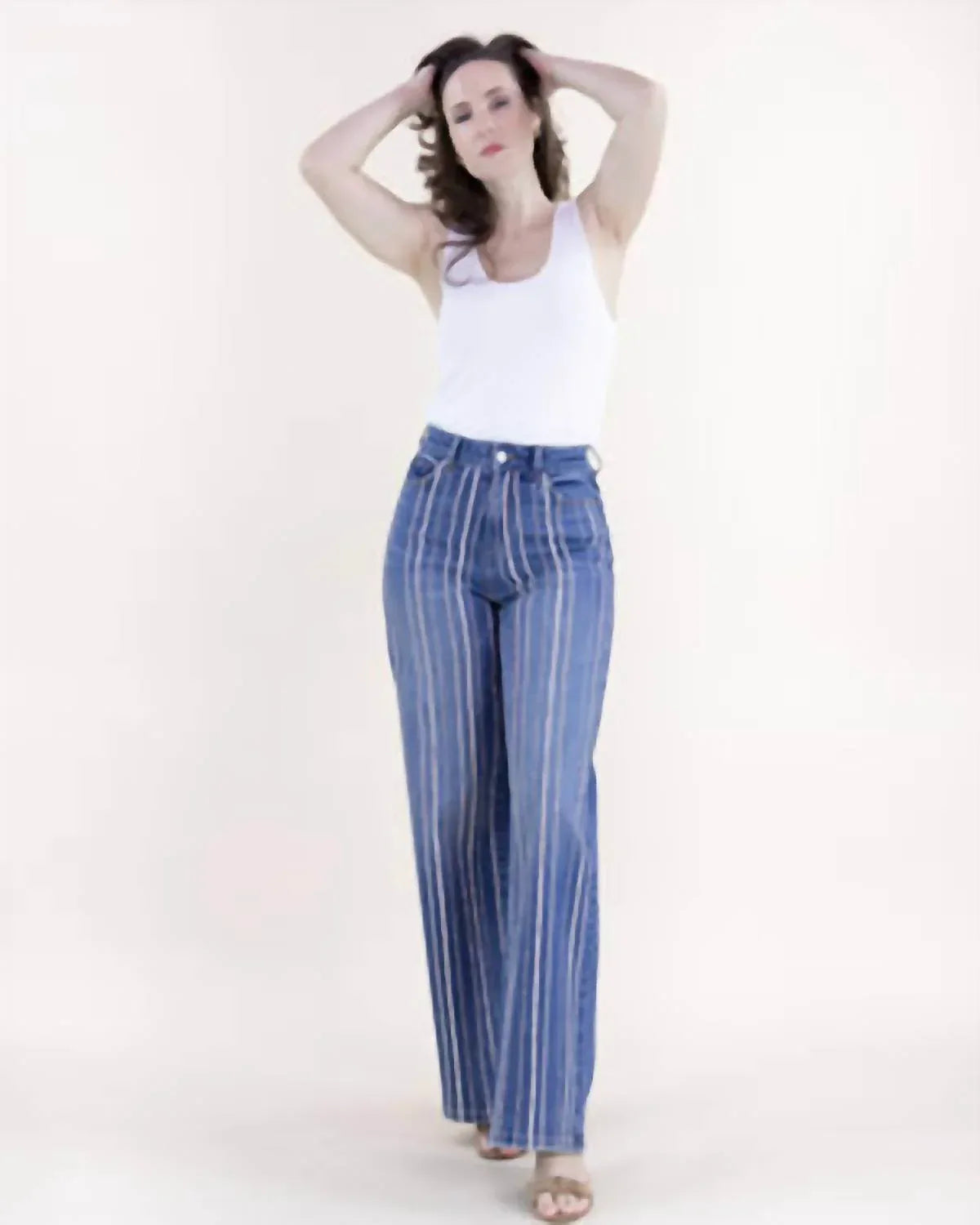 Original USA - Pinstripe Rhinestone Embellished High Rise Ultra Wide Leg Jeans Plus - Rack Hunt
