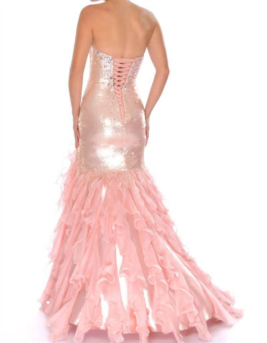 Precious Formals - Shimmery Lace-back Slim Ruffled Gown - Rack Hunt -