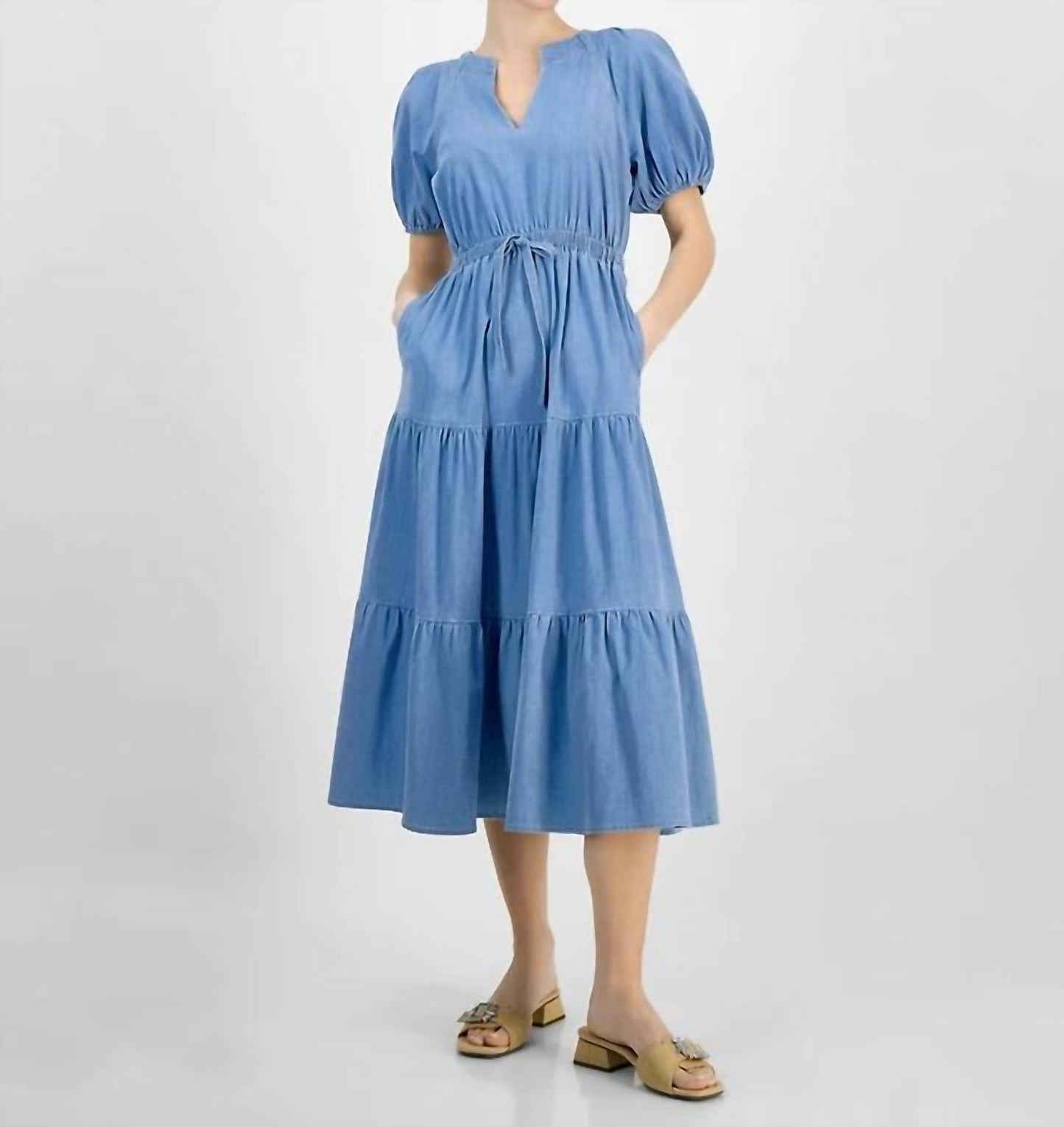 Split-neck Puff-sleeve Dress
