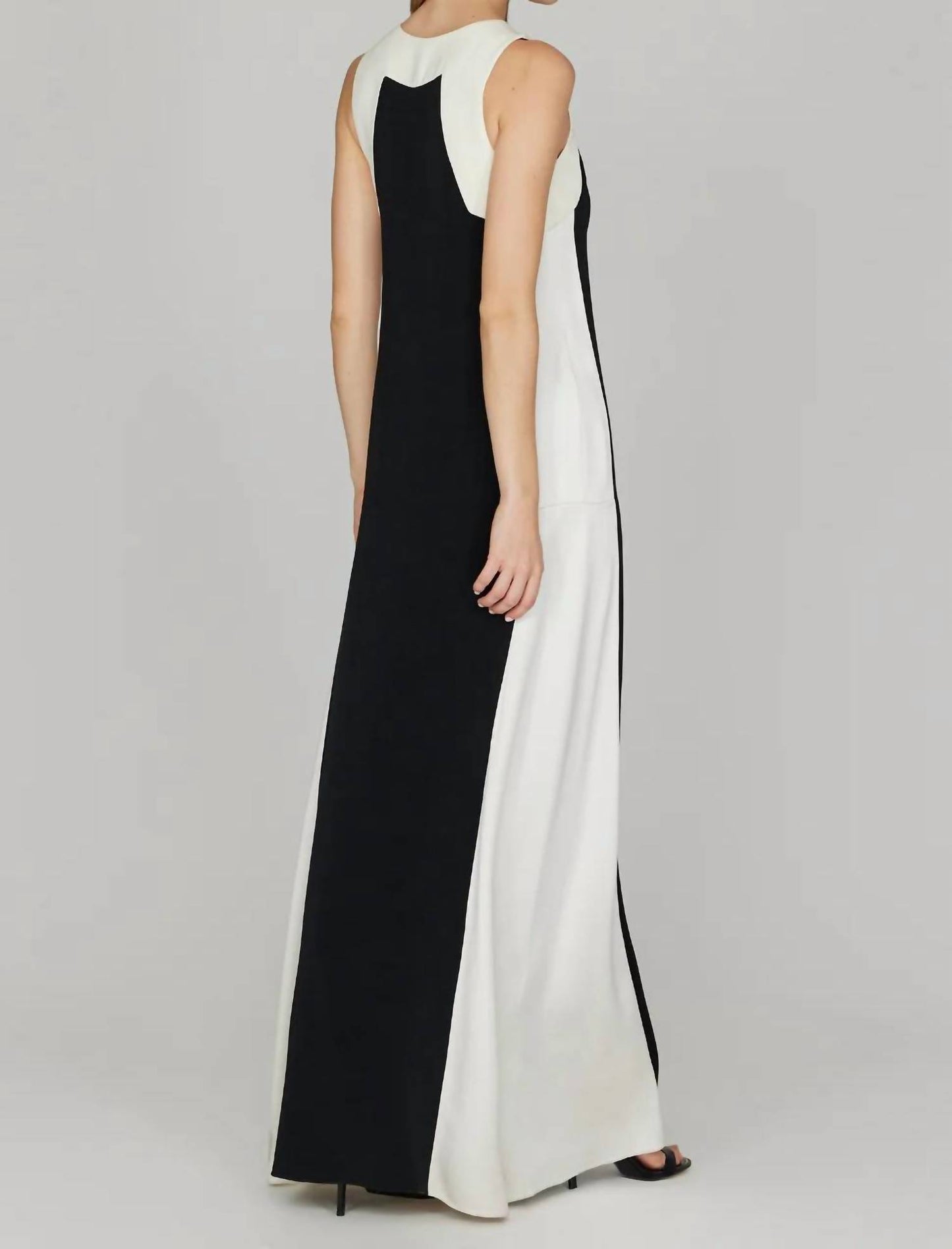 Satin V Neck Gown with Contrast Panels