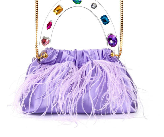 Women's Colorful Gem Handle Embellished Feather Bag