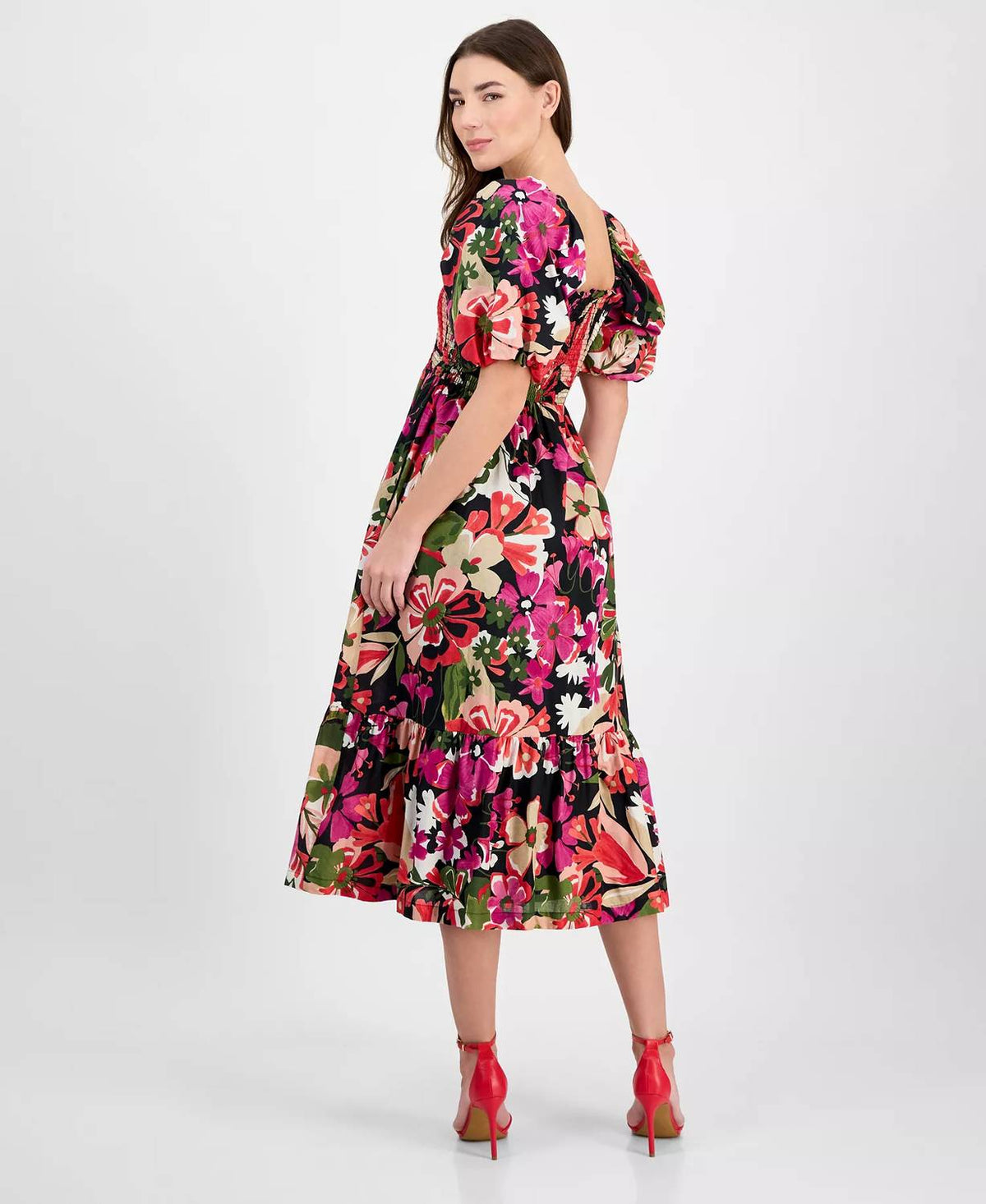 Women's Smocked Puff-sleeve Midi Dress