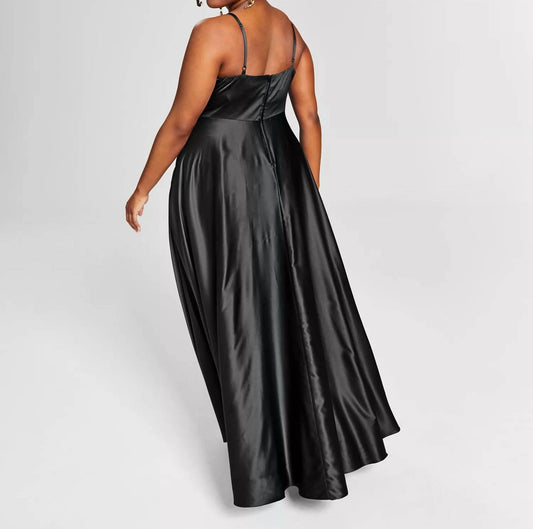 Plus Size Satin Sleeveless Front-Slit Gown