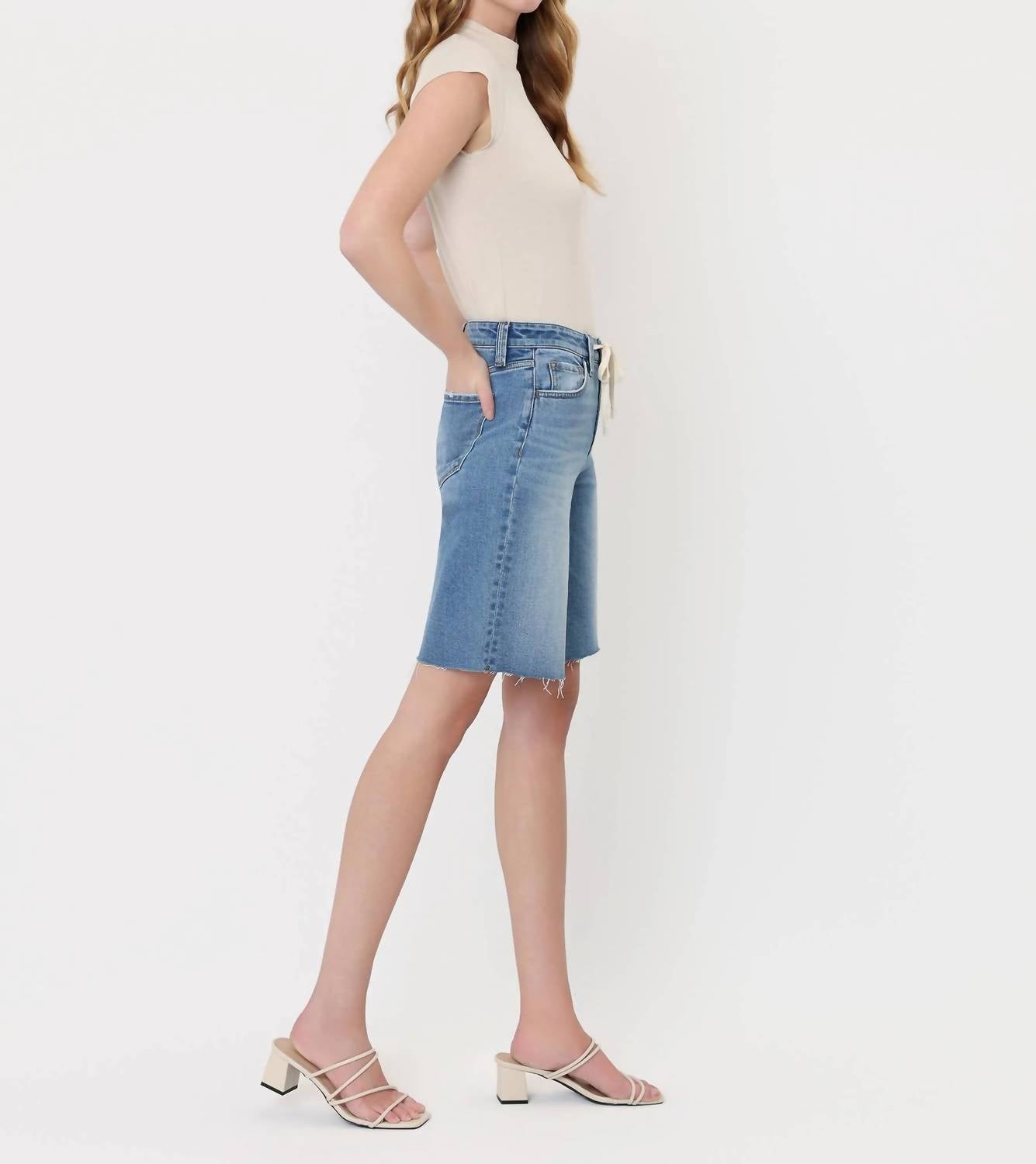 High Rise Waist Tie Denim Bermuda Shorts