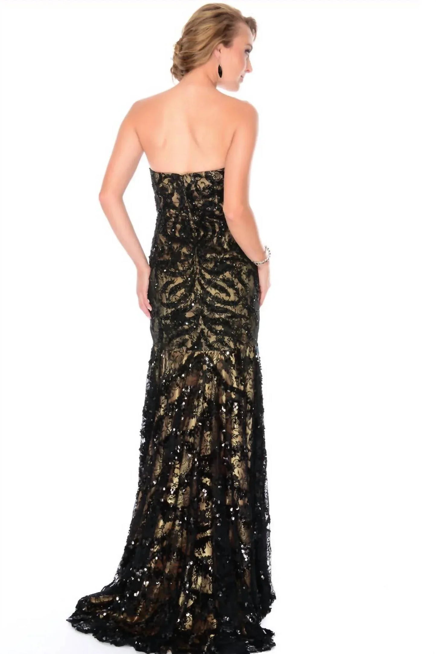 Precious Formals - Lace-and-sequins Overlay Strapless Gown - Rack Hunt