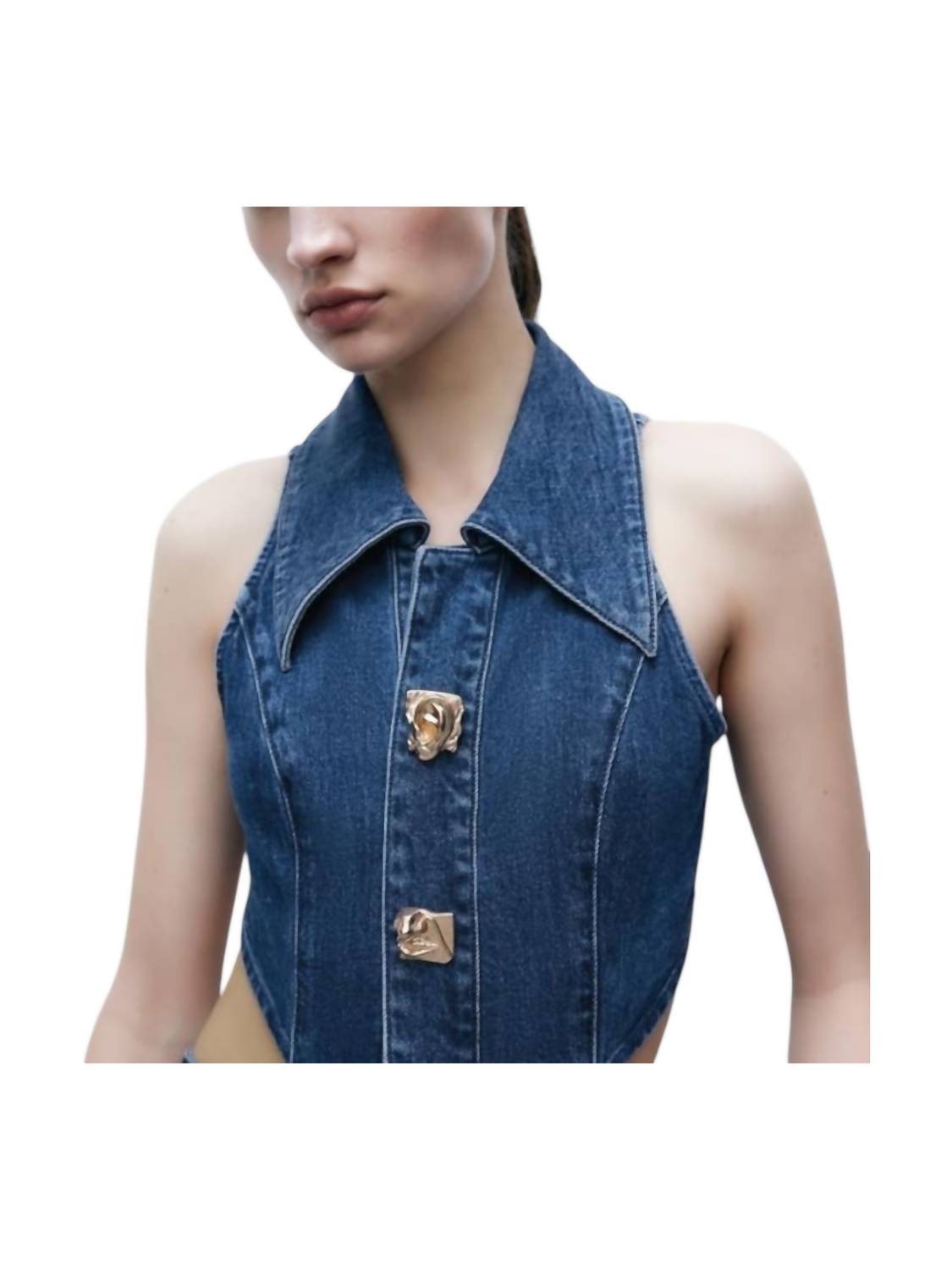 Cut Out Stretchy Sleeveless Maxi Denim Dress With Artistic Buttons