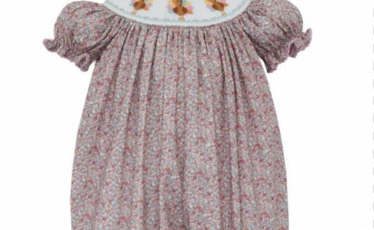 Anavini - Girl's Floral Turkey Girl Puff Sleeve Smocked Romper With Insert - Rack Hunt