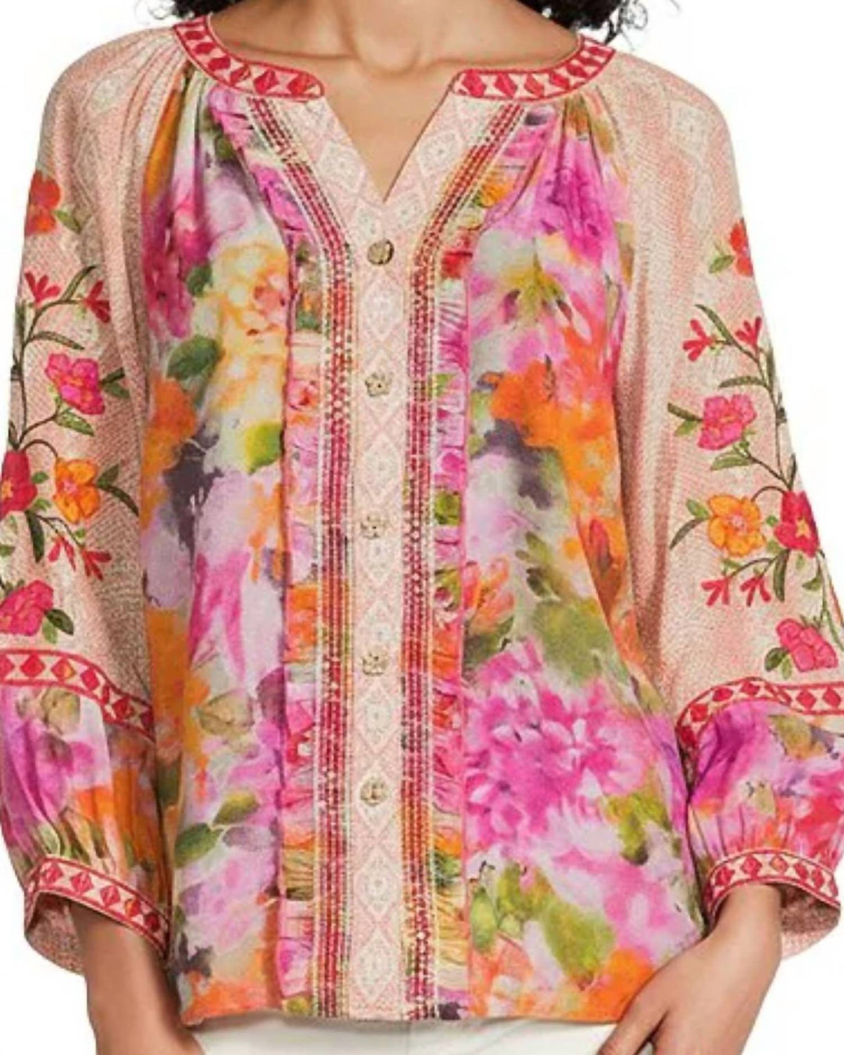 Split V-neck 3/4 Cuff Sleeve Hi-low Hem Button Front Top