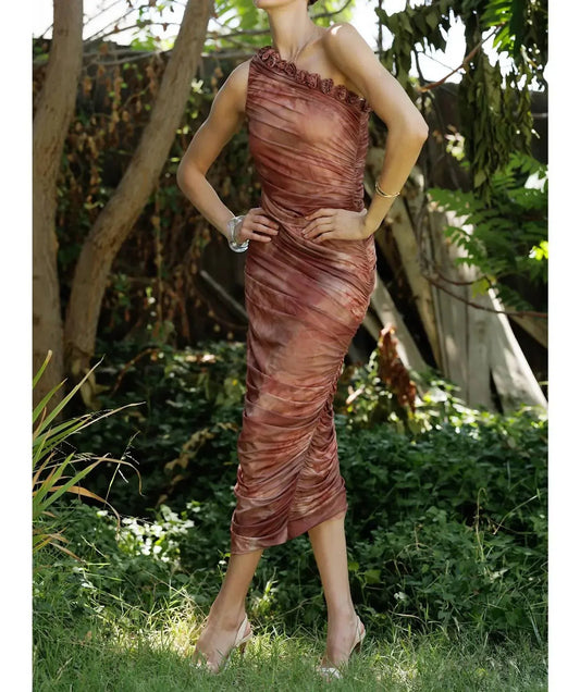 PinkBlush - Floral Ruched Rosette One-shoulder Midi Dress - Rack Hunt