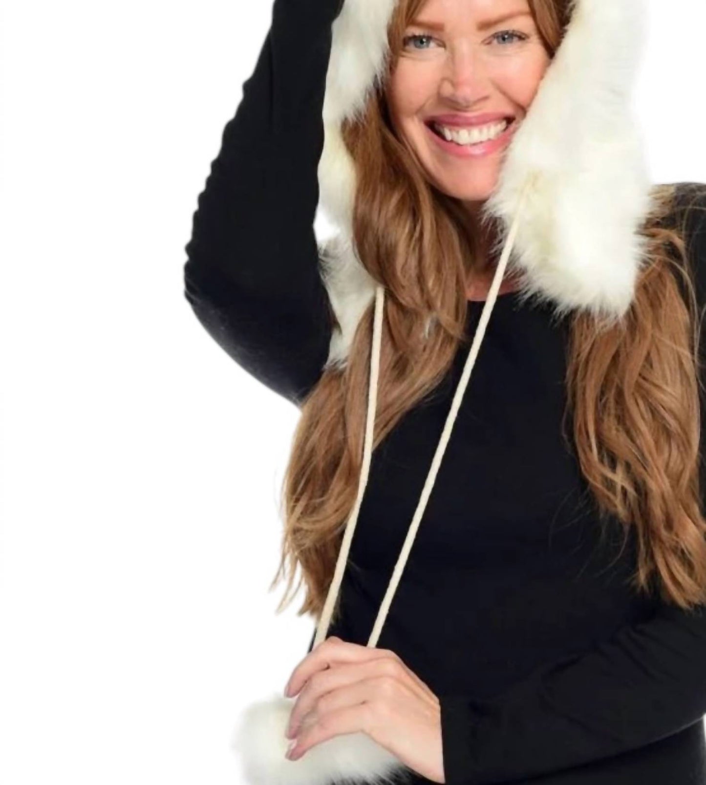 Faux Fur Trimmed Hood Hat With Pom Pom Ties