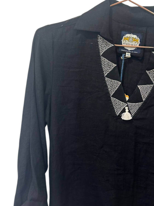 Alamwar - V-neck Linen Shirt With Embroidery - Rack Hunt -