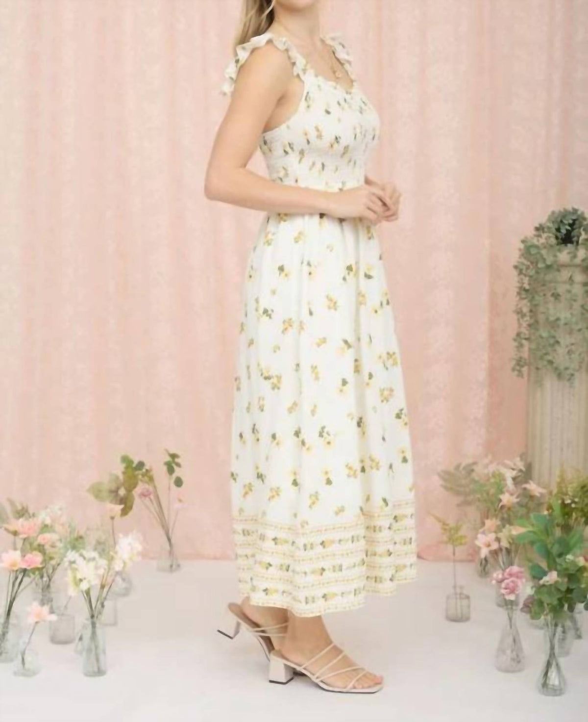Floral Smocked Ruffle Detail Sleeveless Midi Dress