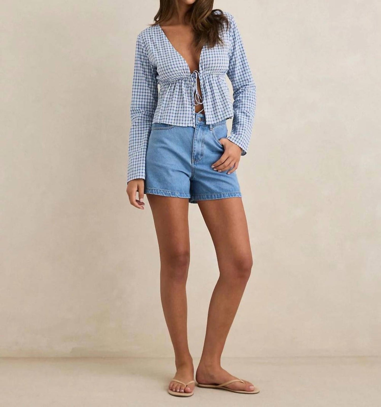 Lola Check Tie Front Long Sleeve Top