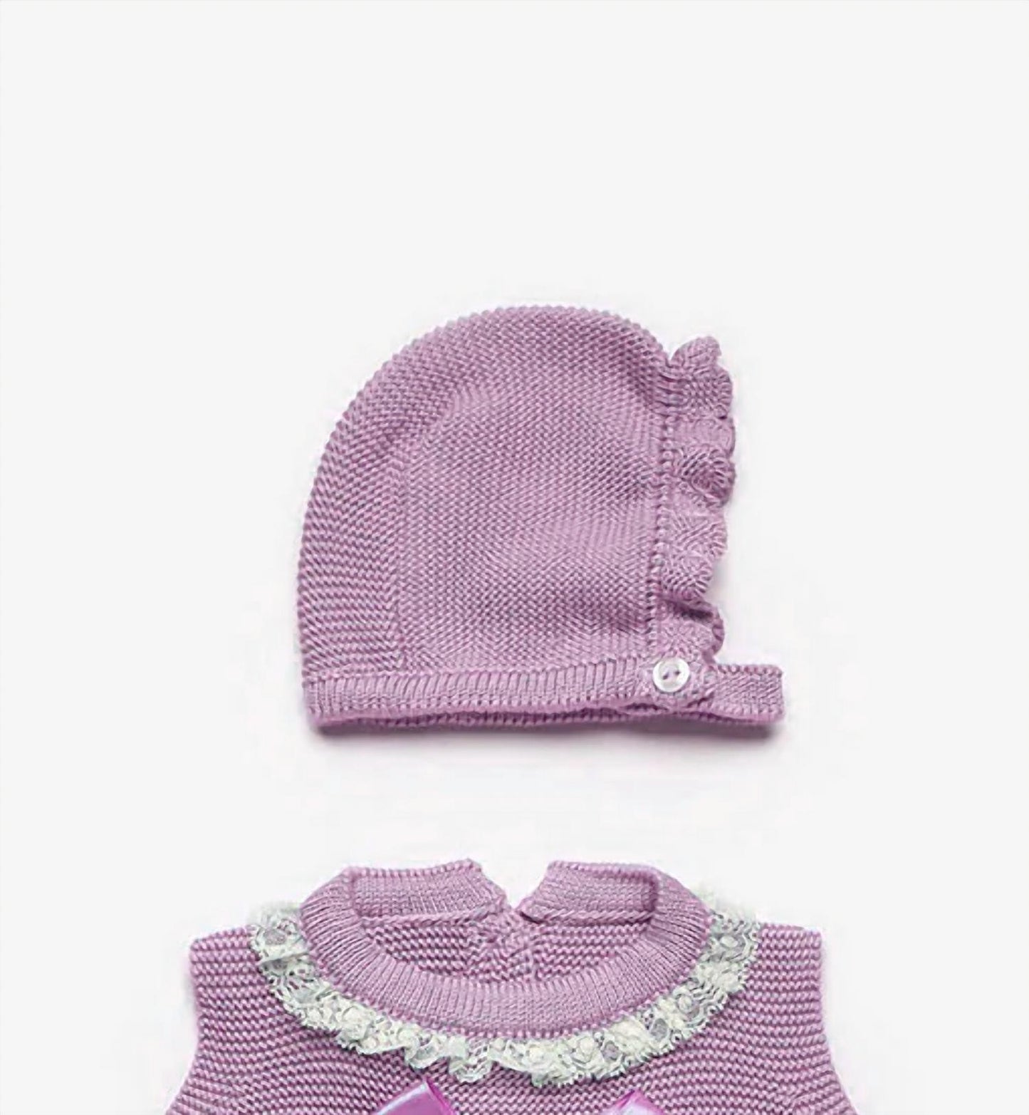 Girl's Knit Front Bow Onesie And Hat Set