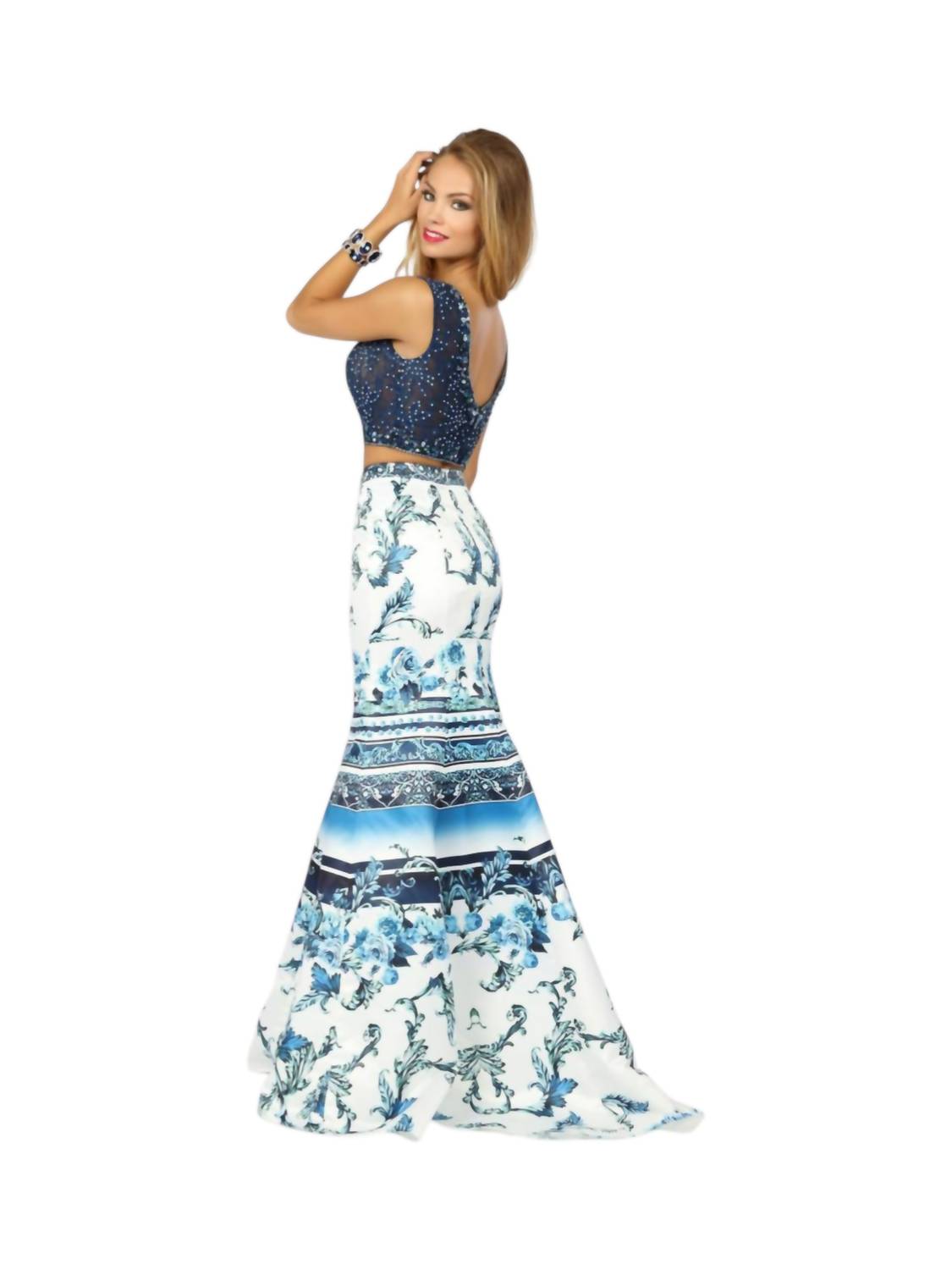 Two-piece Beaded Tulle And Printed Matte Satin Gown