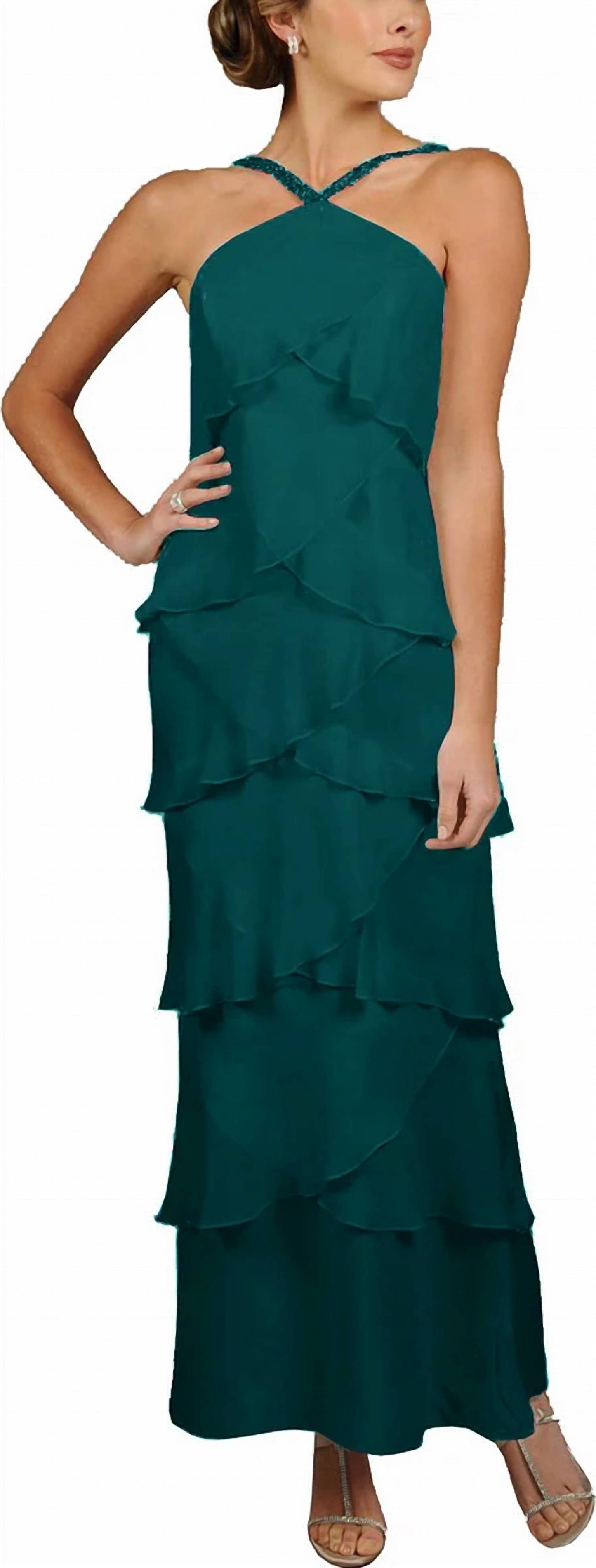 Tiered Chiffon Beaded Halter Neck Gown