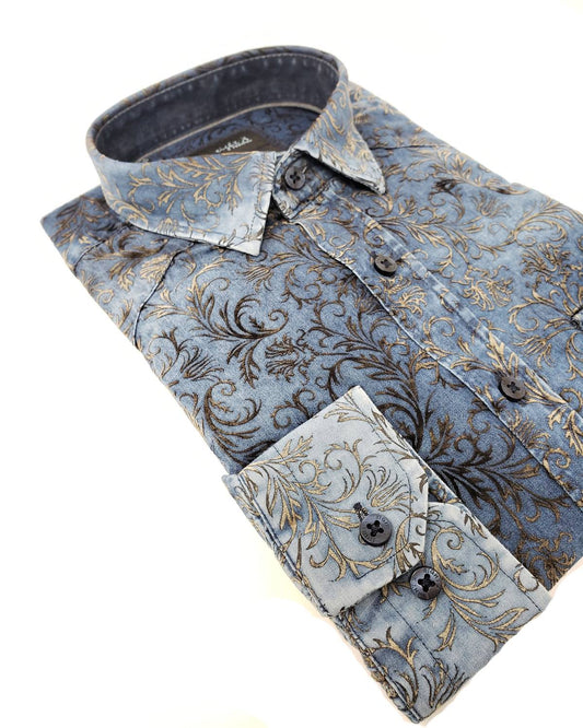 Men's Distressed Denim Flocking Button Down Shirt