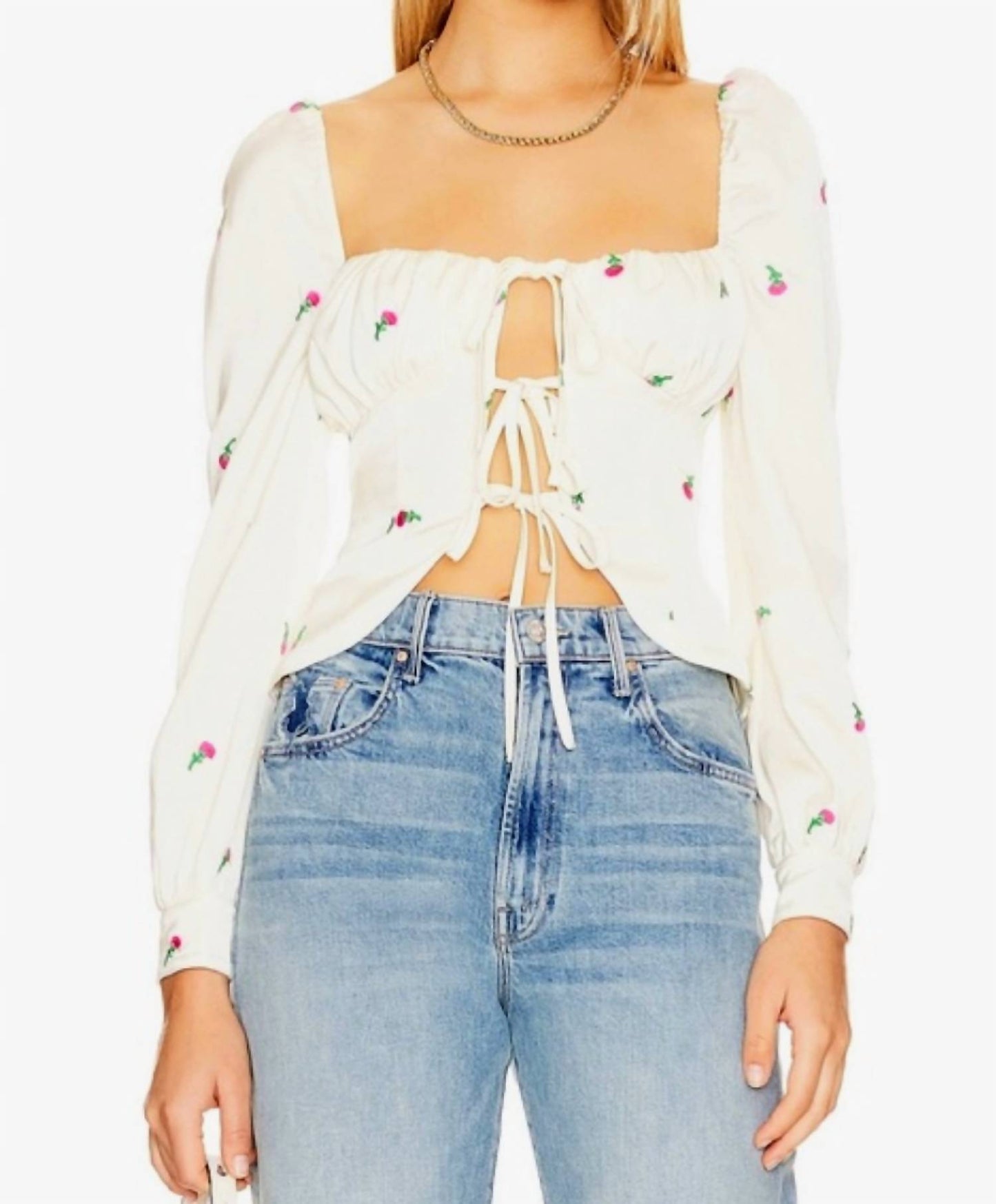 Front Tie Subtle Puff Sleeves Top