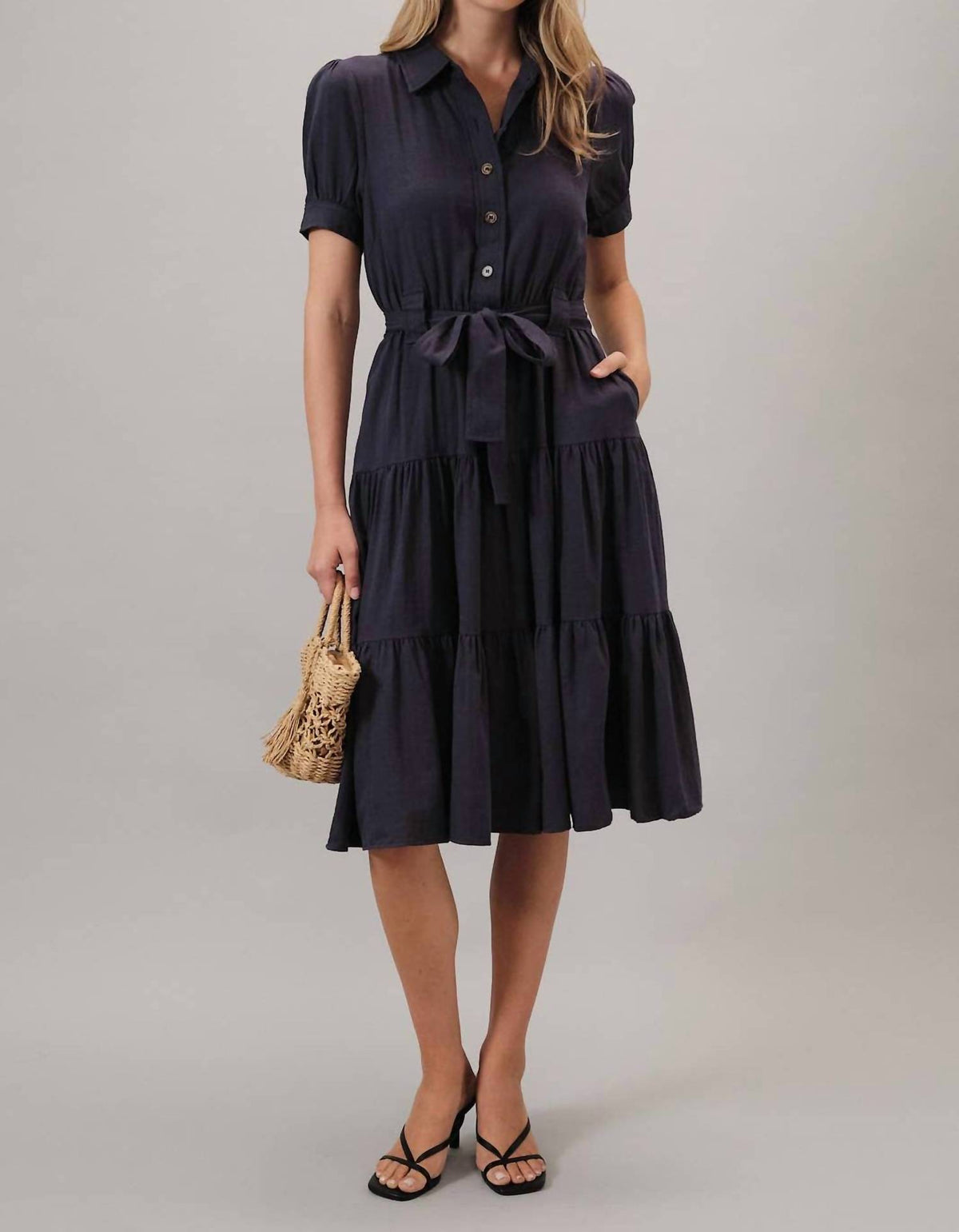 SHORT SLEEVE BUTTON DOWN BELTED TIERED MIDI DRESS
