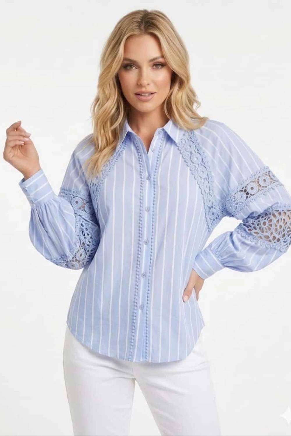 Striped Crochet Lace Button Down Blouse