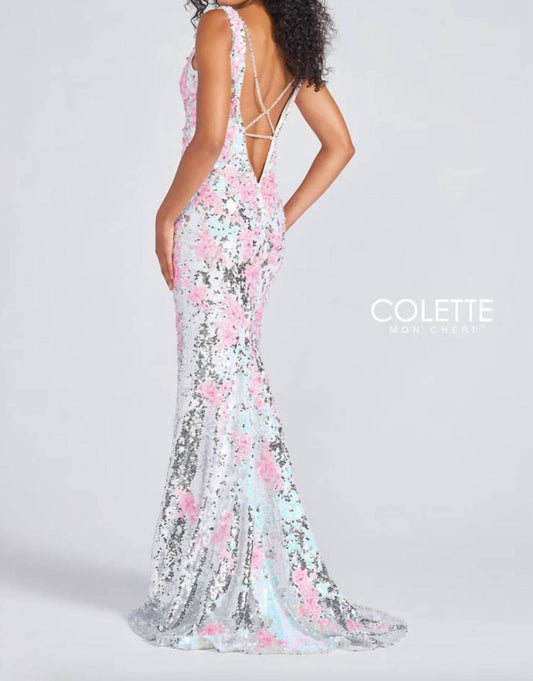 Floral Sequin Trumpet Prom Dress