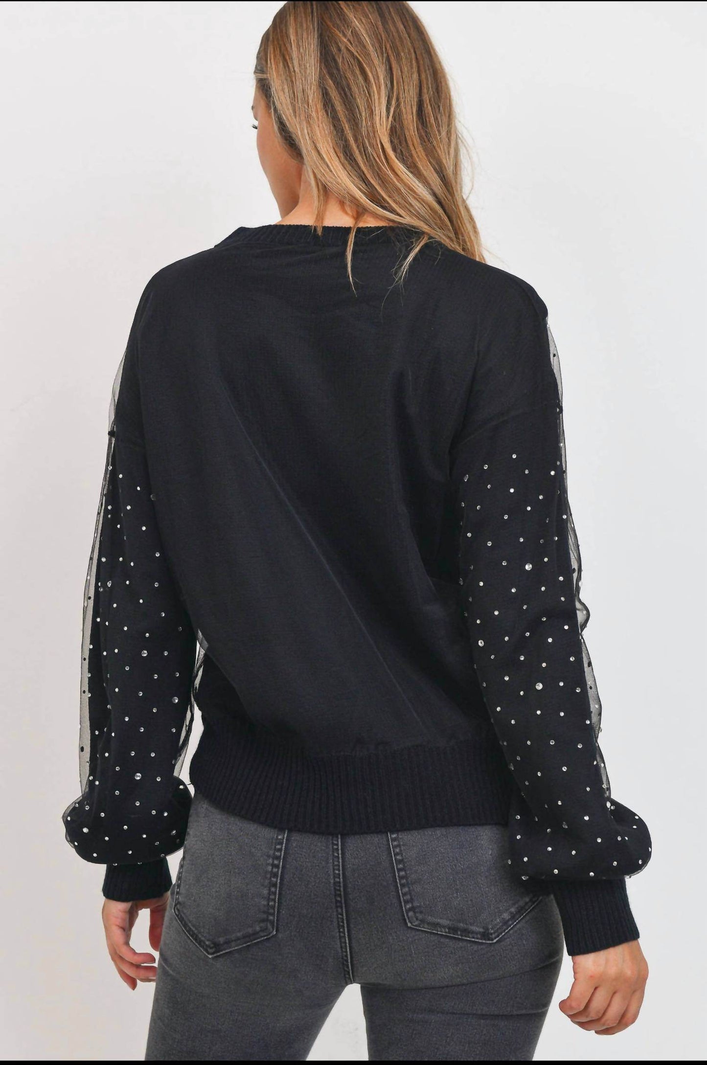 Sweet Rain - Rhinestone Sheer Overlay Sweater - Rack Hunt -