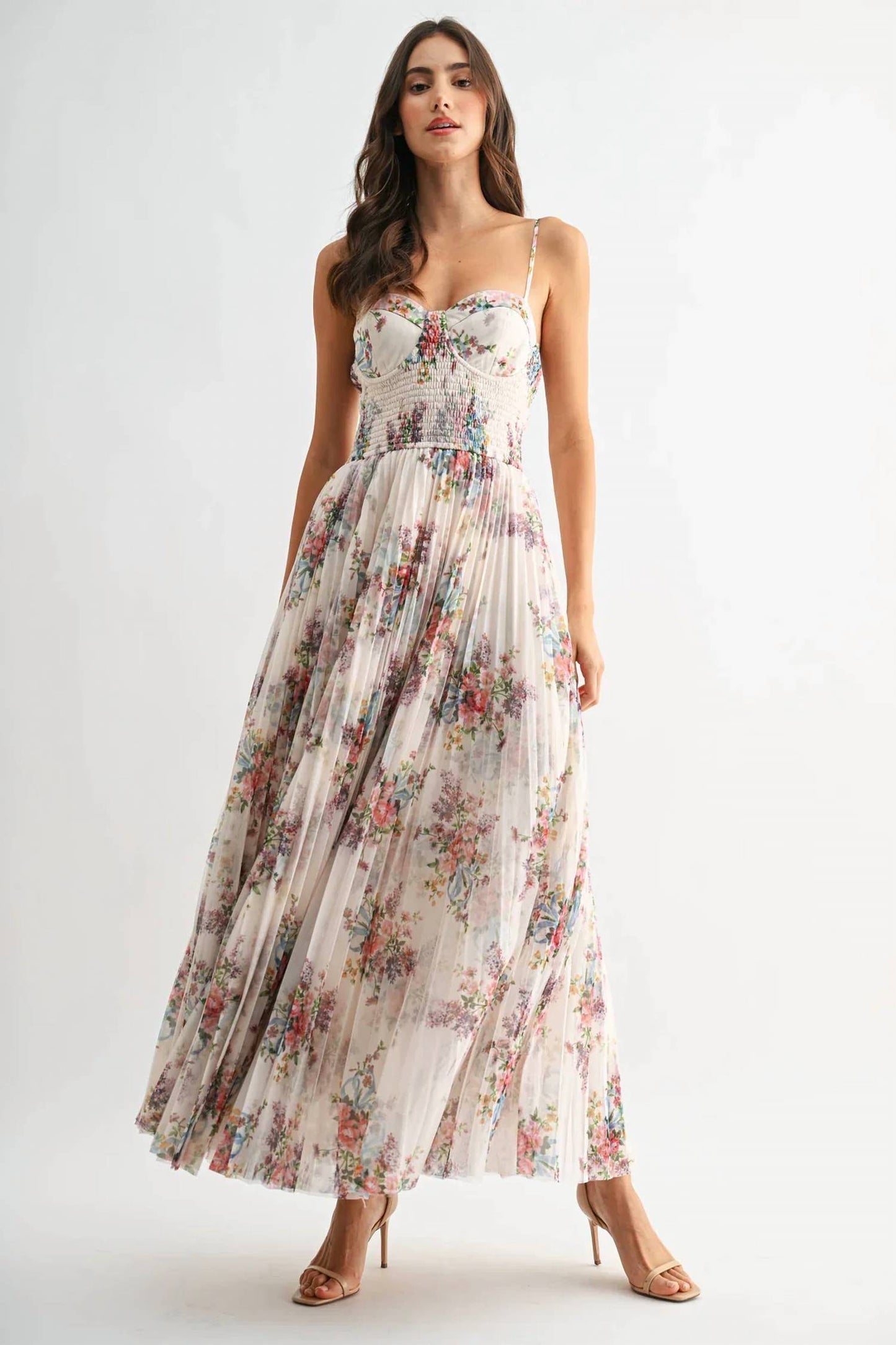 Pleated Floral Tulle Maxi Dress